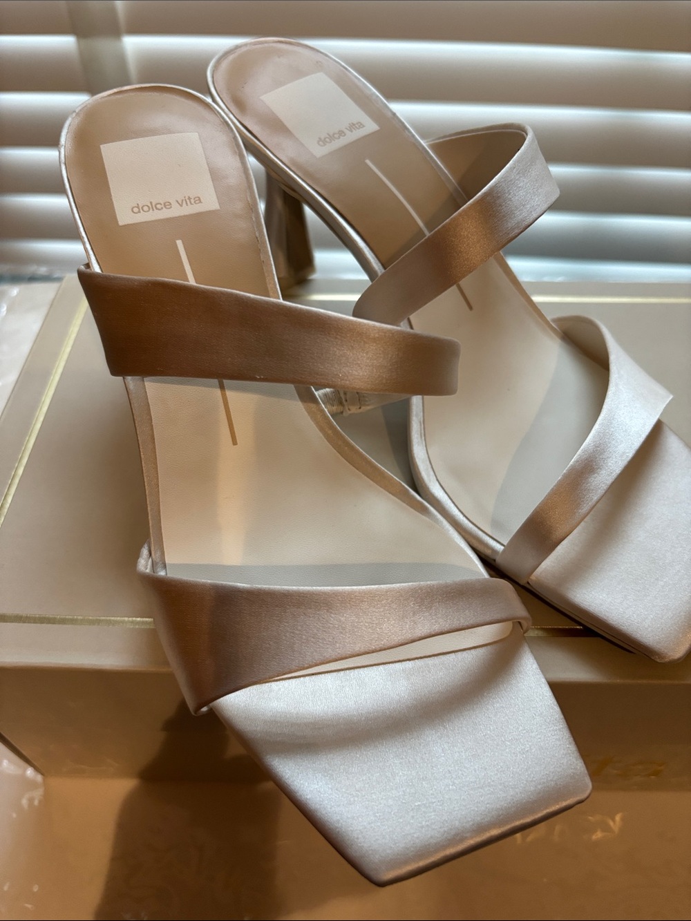 Dolce Vita Champagne Satin Double-Strap Block Heels